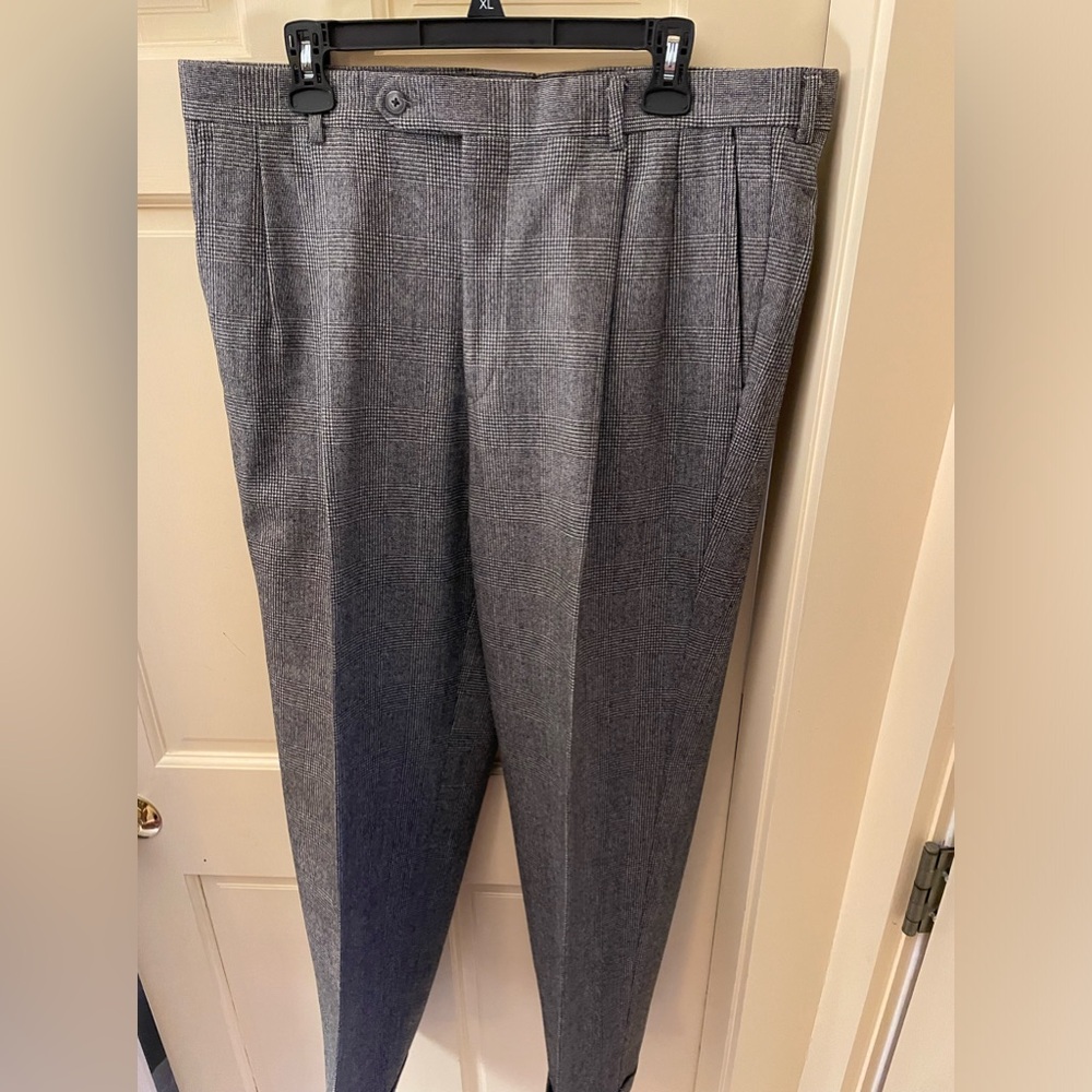 Saks Fifth Ave Trouser, herringbone plaid wool with pleats and cuffs.